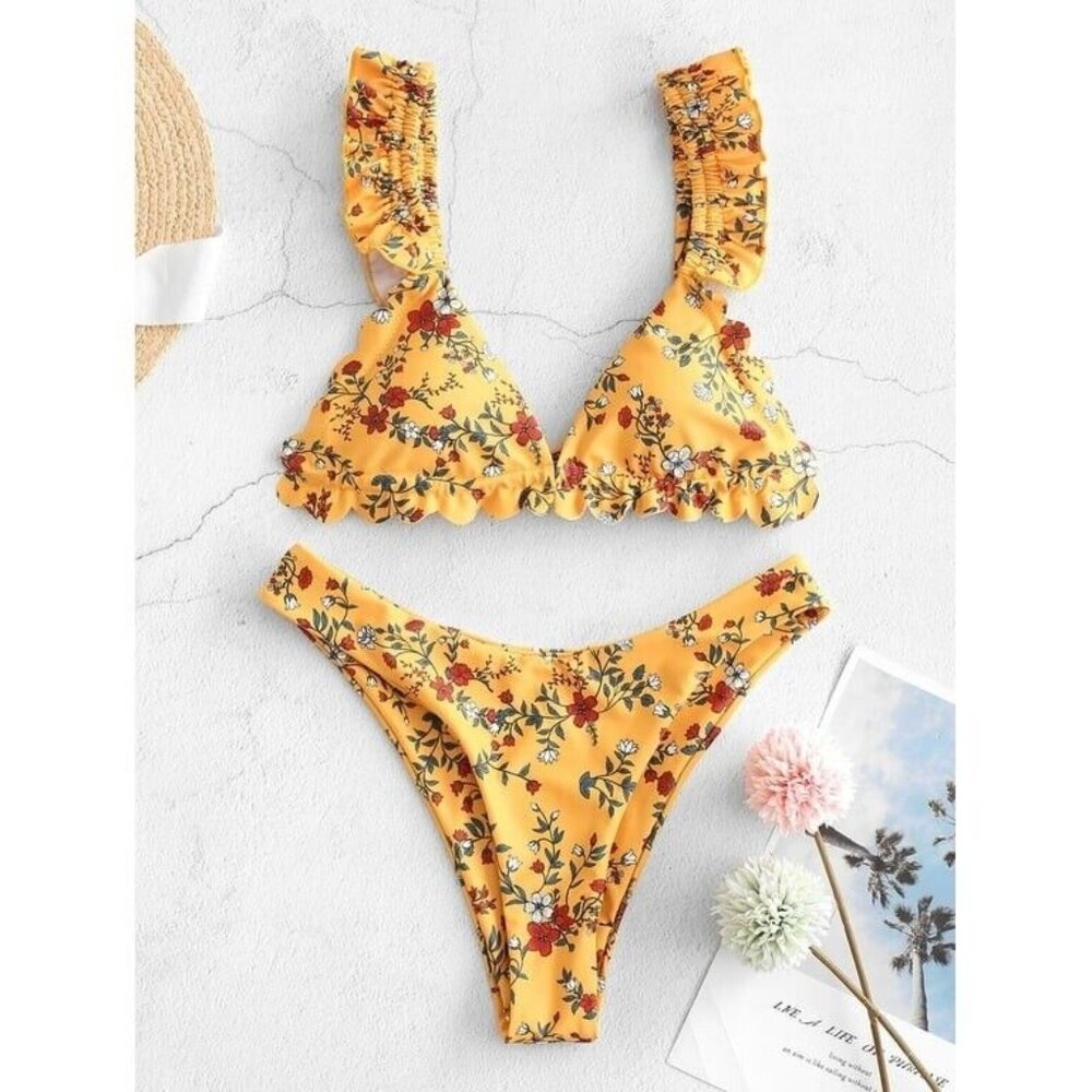 Zaful Ruffle High Cut Floral Bikini Swimsuit Size 4